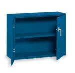 A blue metal cabinet with two shelves inside, partially open with one door ajar, displaying its storage space. The handle is silver in color. The background is plain white.