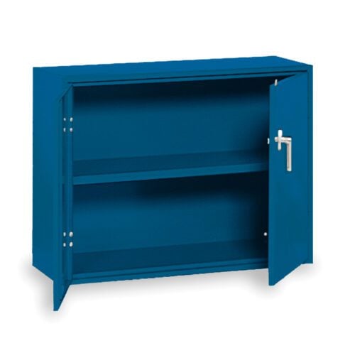 1734-1735.jpg A blue metal cabinet with two shelves inside, partially open with one door ajar, displaying its storage space. The handle is silver in color. The background is plain white.
