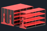 Three red and black modular shelving units on a dark background. Two units have handles for easy access or mobility, while the third shelf is open and stationary. The shelves are empty and evenly spaced.