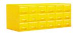 A yellow cabinet with two rows and a total of fourteen small square drawers, each with a handle. The cabinet has a glossy finish and is isolated on a white background.