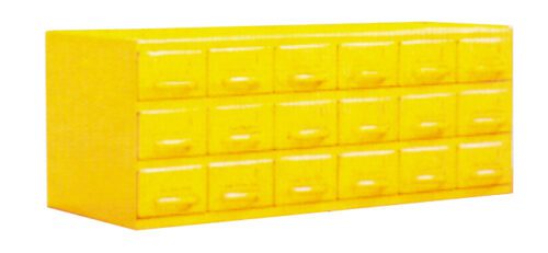 A yellow cabinet with two rows and a total of fourteen small square drawers, each with a handle. The cabinet has a glossy finish and is isolated on a white background.