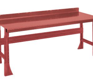 A red, industrial-style workbench with a flat surface and a raised edge at the back. It has sturdy, angled legs and a simple, functional design suitable for workshops or garages.