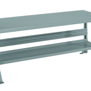 Industrial workbench with a sturdy metallic frame, flat rectangular tabletop, and a lower shelf for storage. The bench is gray and has reinforced legs for stability.