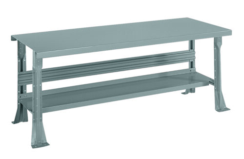 230020Series20Open20Leg20Workcenter20Steel20Top20no20backstop_Office20Gray.jpg Industrial workbench with a sturdy metallic frame, flat rectangular tabletop, and a lower shelf for storage. The bench is gray and has reinforced legs for stability.
