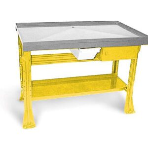 A yellow and gray workbench with a raised tray surface, a small drawer underneath, and a lower shelf. The structure has sturdy legs, suitable for industrial or workshop use.