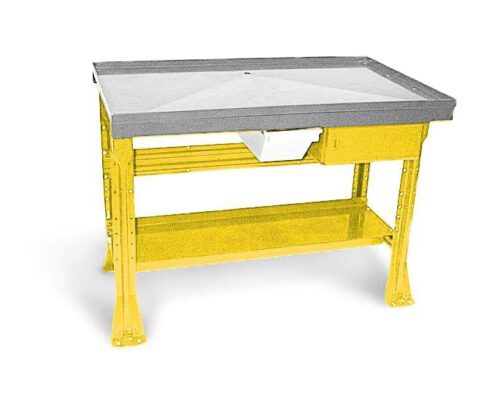 2313DTSS-Yellow.jpg A yellow and gray workbench with a raised tray surface, a small drawer underneath, and a lower shelf. The structure has sturdy legs, suitable for industrial or workshop use.