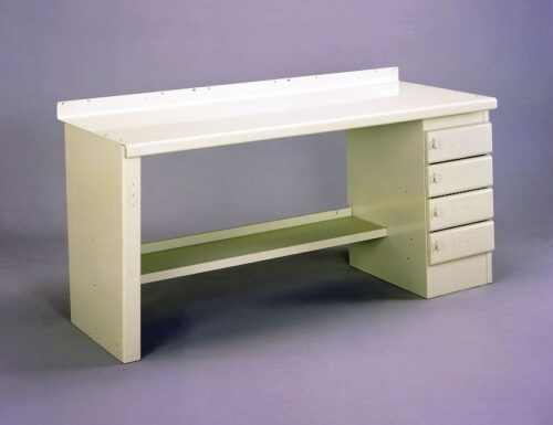 A light-colored metal workbench, perfect for a process research lab, features a flat top, backing lip, and storage unit with four drawers on the right. Its lower shelf and sleek design make it ideal for comprehensive lab renovation services.