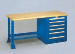 A blue metal workbench with a heat-resistant wooden tabletop and five drawers on the right side, featuring metallic handles. The benchs sturdy legs come with a support bar underneath, making it an ideal equipment enclosure for various tasks.