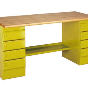 A wooden desk with a light wood top and olive green sides. It features two sets of drawers, five on each side, with metal handles and a connecting shelf underneath. The design is simple and functional.