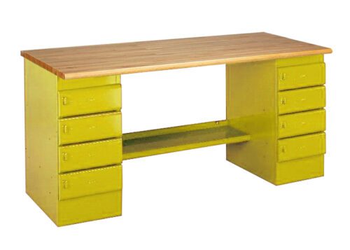 A wooden desk with a light wood top and olive green sides. It features two sets of drawers, five on each side, with metal handles and a connecting shelf underneath. The design is simple and functional.