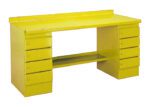 A bright yellow metal desk with a flat top and a rear lip. It has two sets of drawers on each side, each with four drawers. A small shelf runs underneath the desk surface between the two sets of drawers.