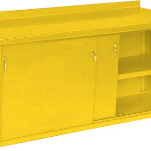 A yellow metal storage cabinet with two sliding doors. One side has shelves visible, while the other door is closed. It features two handles on the doors and a raised back edge on the top surface.
