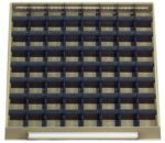 A large grid with numerous small compartments, possibly a key organizer, mounted on a beige frame. The compartments are black, and theres a white horizontal bar at the bottom.