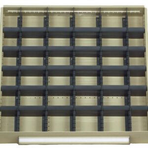 An empty, light gray metal drawer with multiple dividers creating a grid of square compartments. The dividers are dark gray and evenly spaced, organized in four rows and six columns. The image is viewed from above.