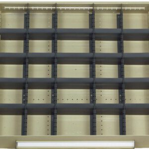 An empty grid-style drawer organizer with multiple compartments. It consists of several vertical and horizontal dividers, creating equal-sized rectangular sections, designed for separating and storing items neatly.