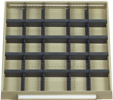 30C-8866.jpg An empty grid-style drawer organizer with multiple compartments. It consists of several vertical and horizontal dividers, creating equal-sized rectangular sections, designed for separating and storing items neatly.