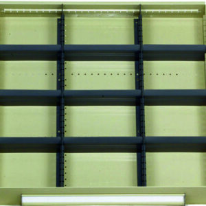 Empty industrial shelving unit with beige frame and six horizontal black shelves. The back panel has a light brown color, and there is a white horizontal bar at the bottom of the frame.