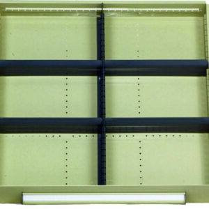 Empty beige retail display shelf with four black horizontal bars and two vertical dividers. There are no products on the shelves. The background is plain.