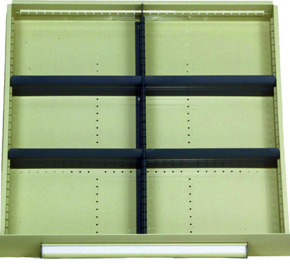 30H-8893.jpg Empty beige retail display shelf with four black horizontal bars and two vertical dividers. There are no products on the shelves. The background is plain.