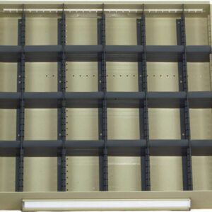 An empty beige drawer organizer with sixteen compartments arranged in a 4x4 grid. Each compartment is separated by dark dividers, and the organizer is viewed from above.