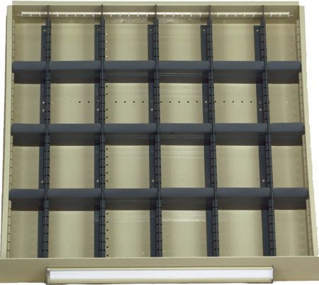 30N-8915.jpg An empty beige drawer organizer with sixteen compartments arranged in a 4x4 grid. Each compartment is separated by dark dividers, and the organizer is viewed from above.