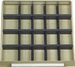 An empty, beige grid shelf with four horizontal and three vertical black dividers, creating twelve square compartments. The shelf is set against a plain background.