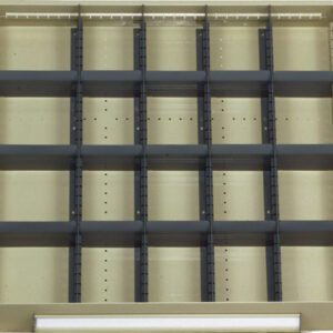 An empty, beige grid shelf with four horizontal and three vertical black dividers, creating twelve square compartments. The shelf is set against a plain background.