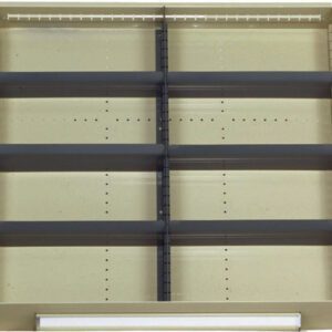 An empty beige retail display shelf with six horizontal black shelves. The background is plain and the setup is symmetrical.