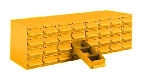 A yellow multi-drawer storage cabinet with 32 small square drawers. One drawer is partially open, revealing its compartment. The cabinet has a vintage industrial look and is designed for organizing small items.