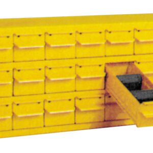 A yellow storage cabinet with multiple small drawers, one of which is open and partially pulled out, revealing two compartments inside.