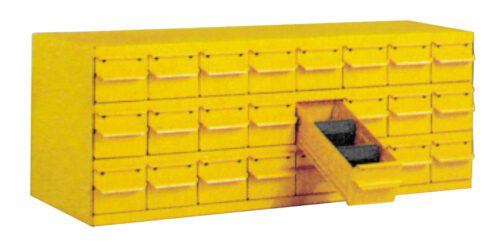 A yellow storage cabinet with multiple small drawers, one of which is open and partially pulled out, revealing two compartments inside.