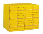 A yellow metal cabinet with three rows of five small drawers. Each drawer has a handle and label holder.