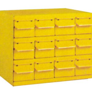 A yellow metal cabinet with three rows of five small drawers. Each drawer has a handle and label holder.