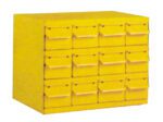 A yellow storage cabinet with twelve small drawers, each featuring a handle. The cabinet is rectangular and designed for organizing small items.