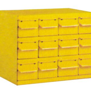 A yellow storage cabinet with twelve small drawers, each featuring a handle. The cabinet is rectangular and designed for organizing small items.