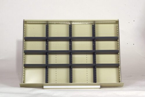 Empty beige shelving unit with multiple adjustable black dividers, set against a plain white background. The shelf appears to be made of metal and is designed for organizing small items.