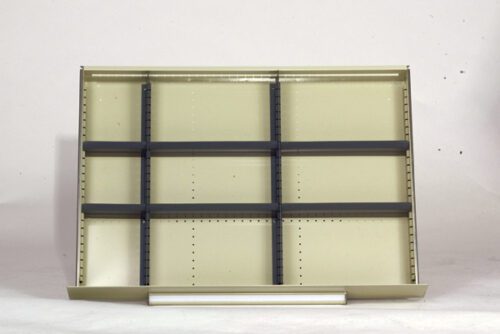 A beige, empty modular display shelving unit with adjustable horizontal black shelves set against a plain white background. The shelves are divided into three rows and three columns, forming a grid-like structure.