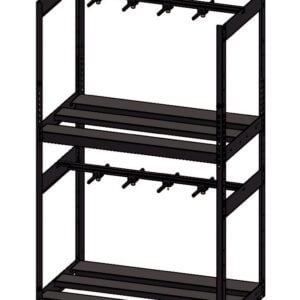 Illustration of a black metal shelving unit with two levels and multiple horizontal bars. Each level can support additional items and has hooks protruding from the top structure. The shelves are unstacked and lack any backing.