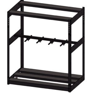 3D rendering of a black metal rack with three shelves and several pegs on the middle shelf. The structure is open with no backing or side panels, suitable for organizing or storing items.
