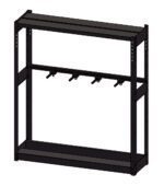A 3D rendering of a black, metal storage rack with three shelves and four horizontal brackets. The design appears sturdy and functional for organizing items.