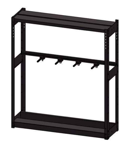 A 3D rendering of a black, metal storage rack with three shelves and four horizontal brackets. The design appears sturdy and functional for organizing items.