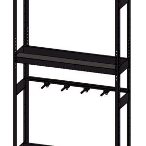 Illustration of a black metal storage shelving unit with two shelves. The frame has vertical bars and adjustable brackets for supporting the shelves. The minimalist design appears sturdy and suitable for organizing items.