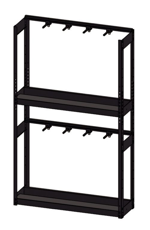Illustration of a black metal storage shelving unit with two shelves. The frame has vertical bars and adjustable brackets for supporting the shelves. The minimalist design appears sturdy and suitable for organizing items.