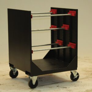 A black mobile cart with four caster wheels, featuring three horizontal metal rods with red holders. The rods are adjustable along vertical slots on the sides. The cart is on a light background.