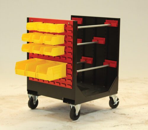 A black and red mobile tool cart with silver caster wheels. It features multiple yellow storage bins attached to one side, providing organized storage space. The background is plain and minimalistic, highlighting the cart.