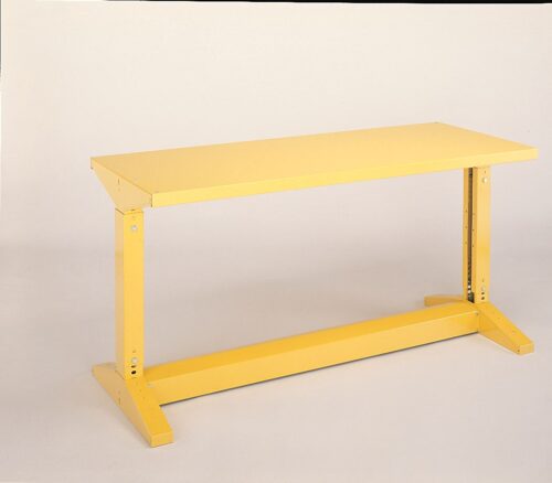 422D5-Yellow.jpg A bright yellow metal table with a flat rectangular top and sturdy angled legs, set against a plain white background. The table has a simple, industrial design.