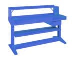 Blue workbench with a flat tabletop, a narrow upper shelf, and two lower shelves. The design is simple and industrial, with sturdy, angular legs.