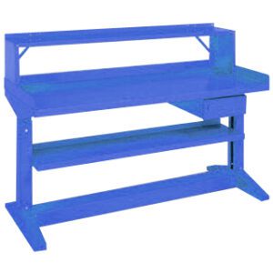 Blue workbench with a flat tabletop, a narrow upper shelf, and two lower shelves. The design is simple and industrial, with sturdy, angular legs.