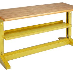 A wooden workbench with a metal frame and a lower shelf. The tabletop is wooden, and the frame is painted yellow. The bench has a sturdy, industrial design.