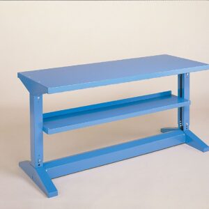 A simple, light blue metal workbench with a flat tabletop and a single lower shelf. The bench has sturdy, angled legs and a minimalistic design, set against a plain beige background.